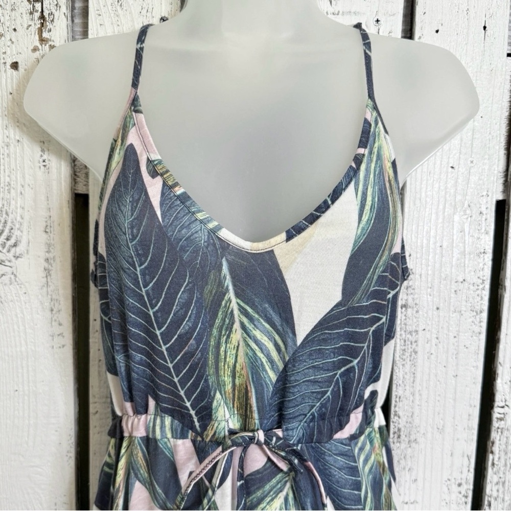 Husk Ary Tropical Leaf Maxi Dress Long V-Neck Drawstring Sundress Pockets‎ Boho